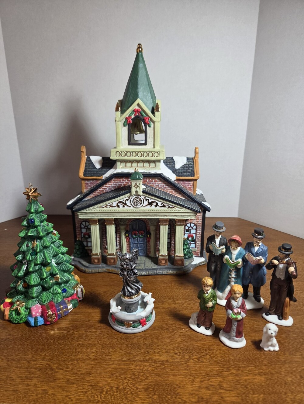 9 PC Lighted Christmas House Decoration. Church, Statue, Carolers, Dog, Children